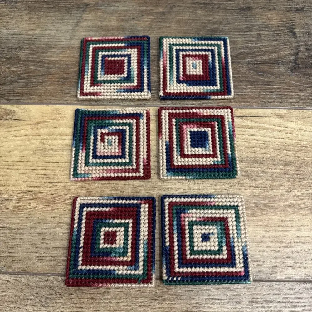 Vintage Handmade Plastic Canvas Yarn 6 Coasters Set 3.25” Boho MCM